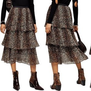 TOPSHOP Animal Print Tiered Chiffon Midi Skirt